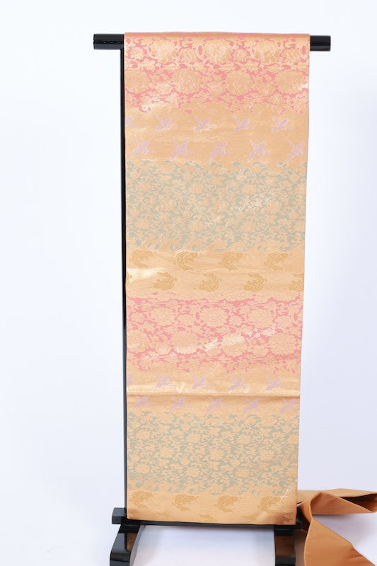 Nagoya obi used(sash) - Gold, purple, blue-gray, coral, rough shore, Chinese flower, bird, peony - L80