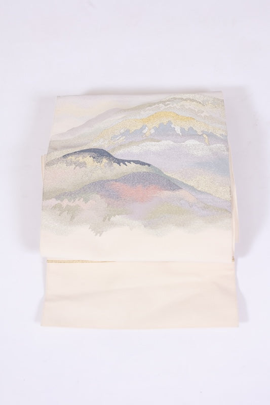 Nail-scratched tapestry Nagoya obi used (sash) - Beige, Gold, Silver, Shades of Purple, Green, Coral, Dark Blue - L90