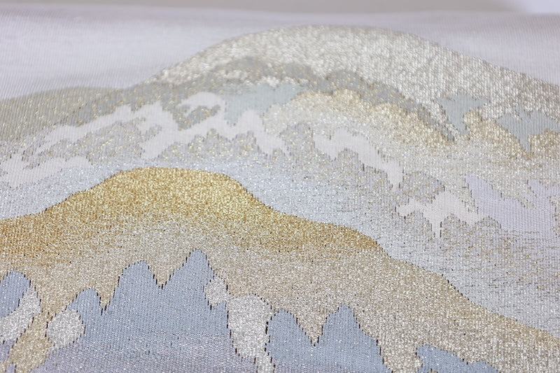 Nail-scratched tapestry Nagoya obi used (sash) - Beige, Gold, Silver, Shades of Purple, Green, Coral, Dark Blue - L90