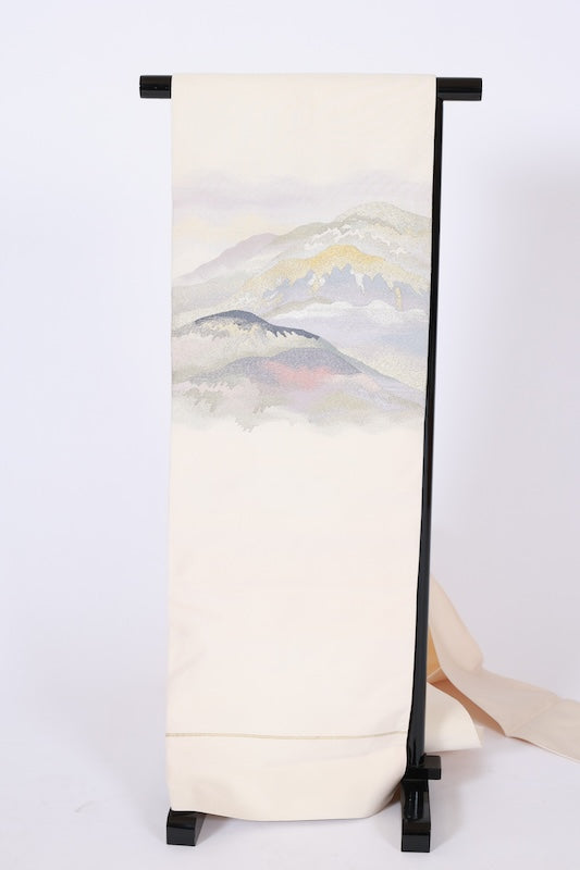 Nail-scratched tapestry Nagoya obi used (sash) - Beige, Gold, Silver, Shades of Purple, Green, Coral, Dark Blue - L90