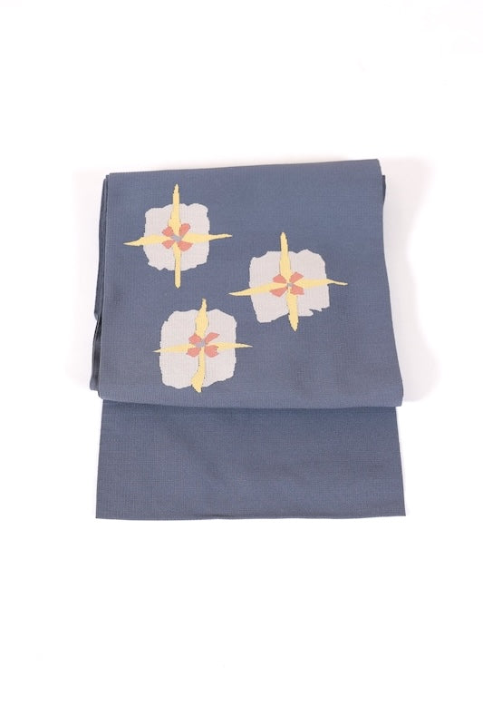 Tsumekaki Honzure Nagoya Obi used (sash) - Gray, Beige, Reddish-orange, Yellow - Geometric pattern - L79