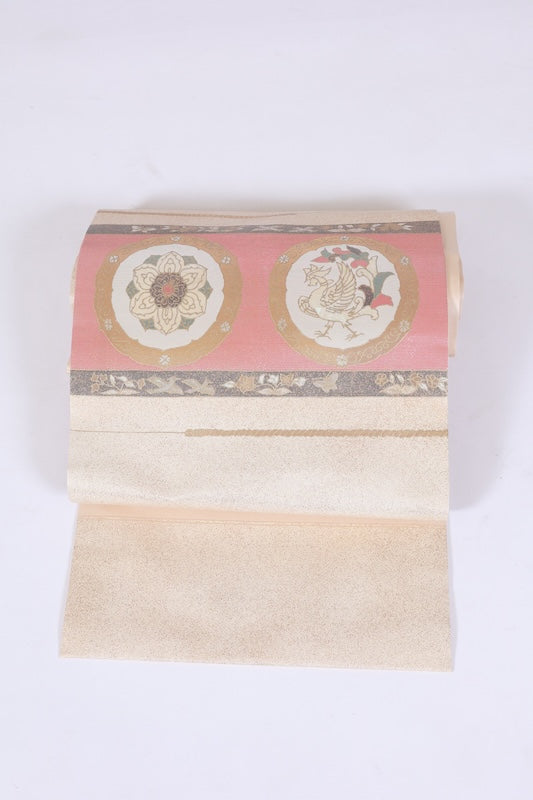 Nagoya obi used (sash), beige, gold, white, green, red, mother-of-pearl inlay, phoenix, Chinese flower, L87