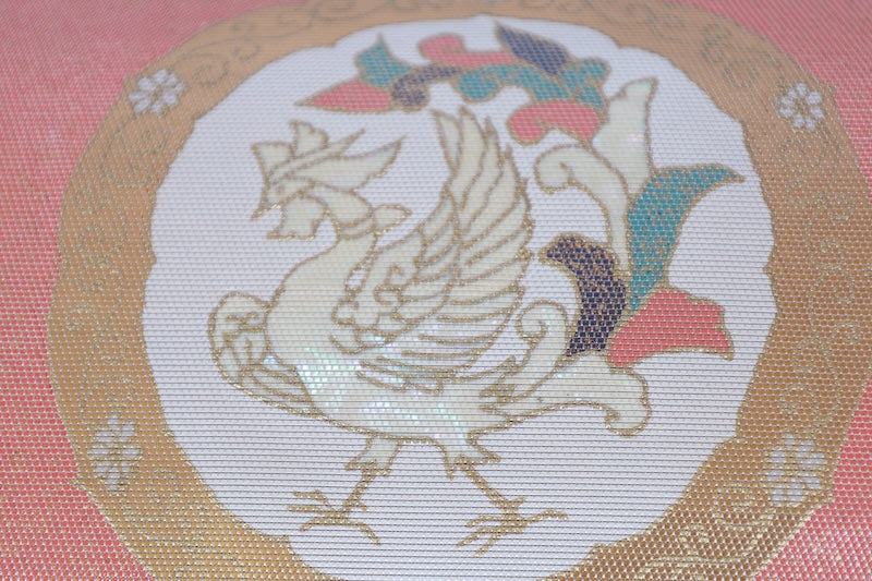 Nagoya obi used (sash), beige, gold, white, green, red, mother-of-pearl inlay, phoenix, Chinese flower, L87