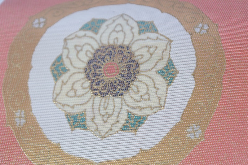 Nagoya obi used (sash), beige, gold, white, green, red, mother-of-pearl inlay, phoenix, Chinese flower, L87