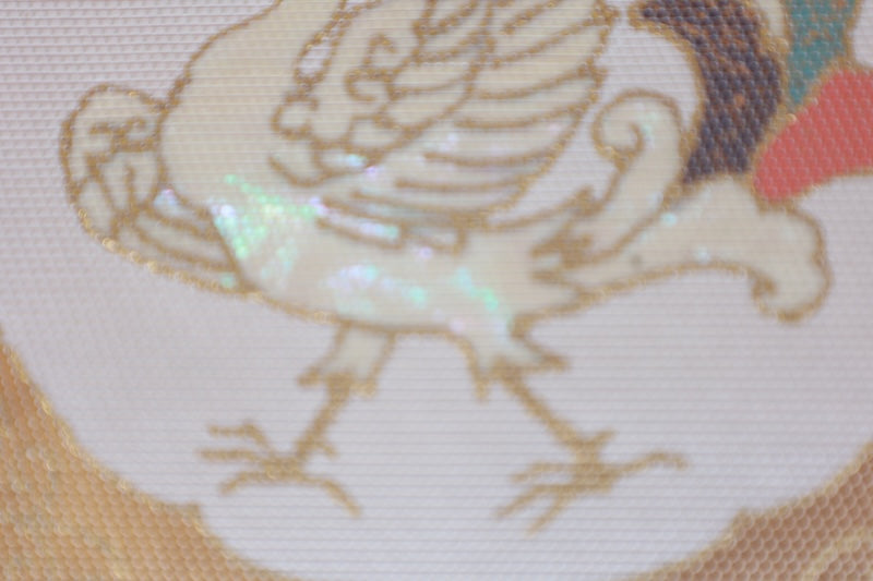 Nagoya obi used (sash), beige, gold, white, green, red, mother-of-pearl inlay, phoenix, Chinese flower, L87