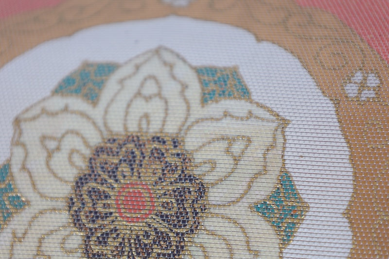 Nagoya obi used (sash), beige, gold, white, green, red, mother-of-pearl inlay, phoenix, Chinese flower, L87