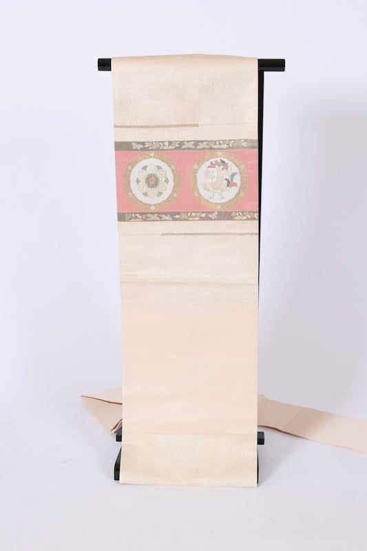 Nagoya obi used (sash), beige, gold, white, green, red, mother-of-pearl inlay, phoenix, Chinese flower, L87