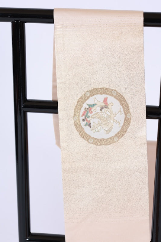 Nagoya obi used (sash), beige, gold, white, green, red, mother-of-pearl inlay, phoenix, Chinese flower, L87