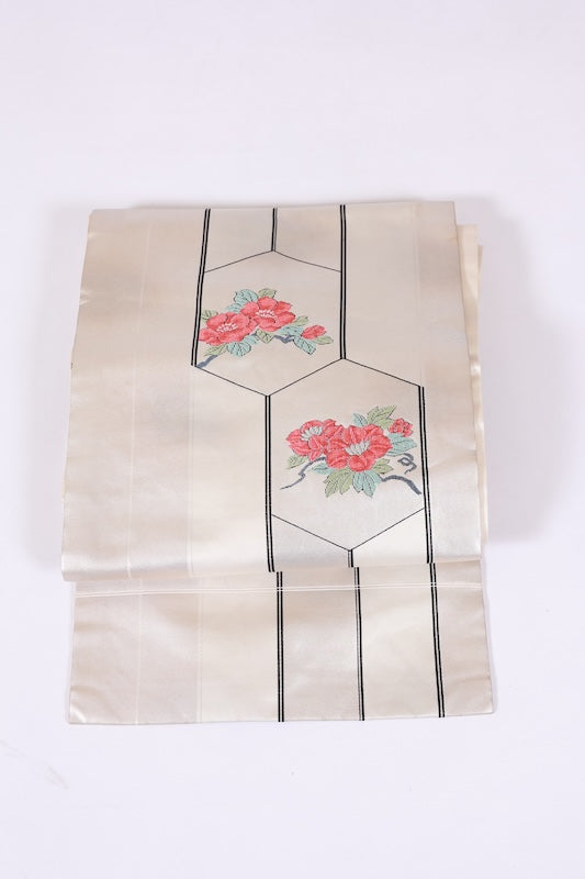 Nagoya obi used (sash) - White, Silver, Black, Red, Green, Blue, Floral pattern, L85