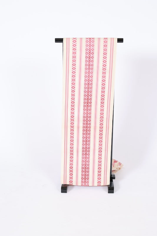 Summer Nagoya obi used, Hakata weave, Kenjo pattern, figured gauze, off-white and red, L124