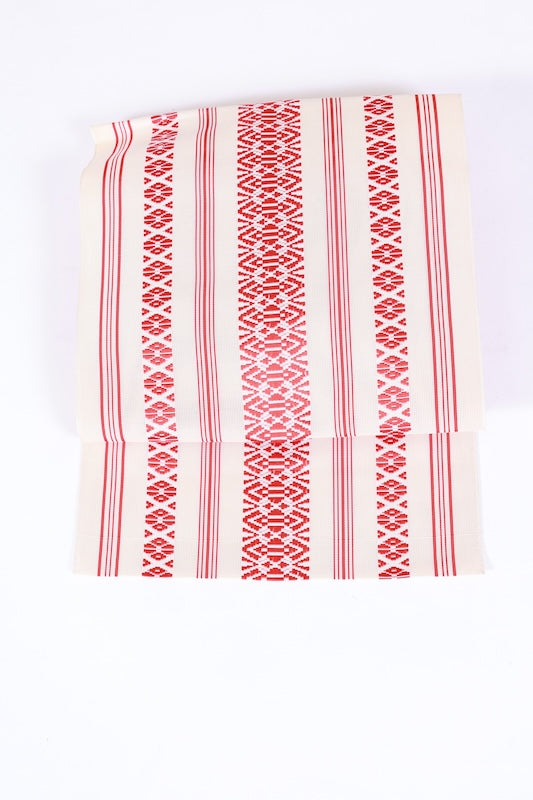 Summer Nagoya obi used, Hakata weave, Kenjo pattern, figured gauze, off-white and red, L124
