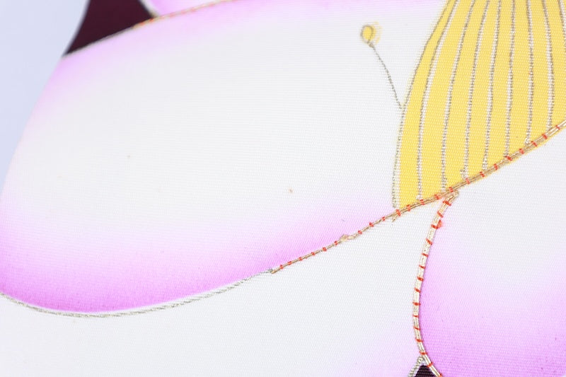 Nagoya obi used (sash), Shioze silk, shades of purple, yellow, green, white, hand-painted, gold thread embroidery, floral design, L122