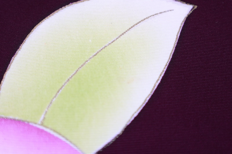 Nagoya obi used (sash), Shioze silk, shades of purple, yellow, green, white, hand-painted, gold thread embroidery, floral design, L122