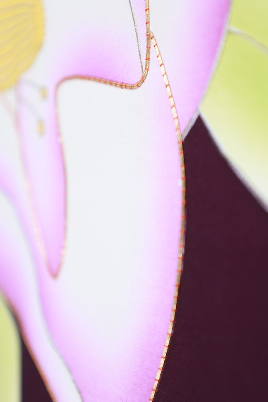 Nagoya obi used (sash), Shioze silk, shades of purple, yellow, green, white, hand-painted, gold thread embroidery, floral design, L122