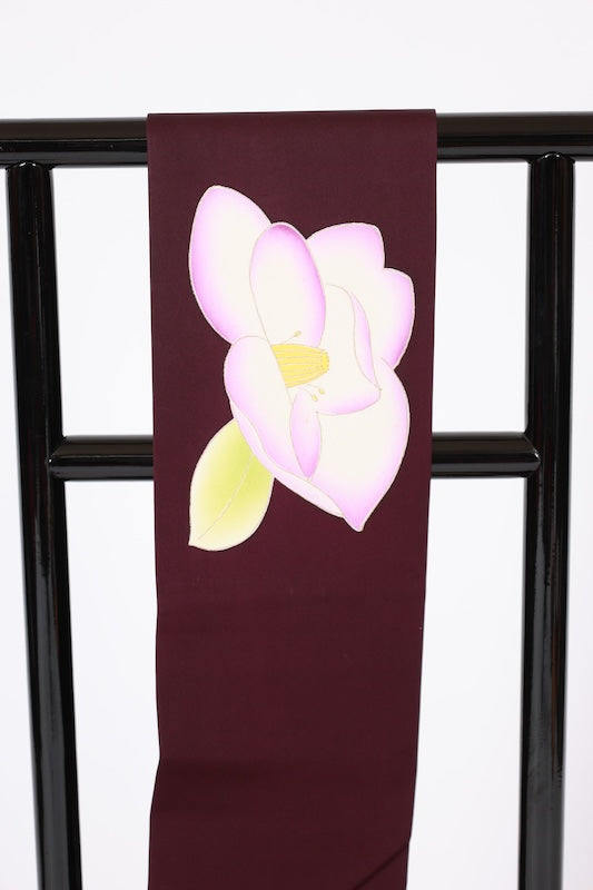 Nagoya obi used (sash), Shioze silk, shades of purple, yellow, green, white, hand-painted, gold thread embroidery, floral design, L122