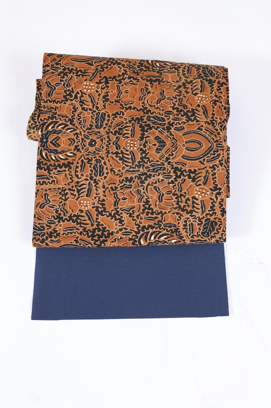 Nagoya obi used(sash), Shioze silk, shades of indigo and brown, bird and floral pattern, stencil dyed, hand-painted, L119