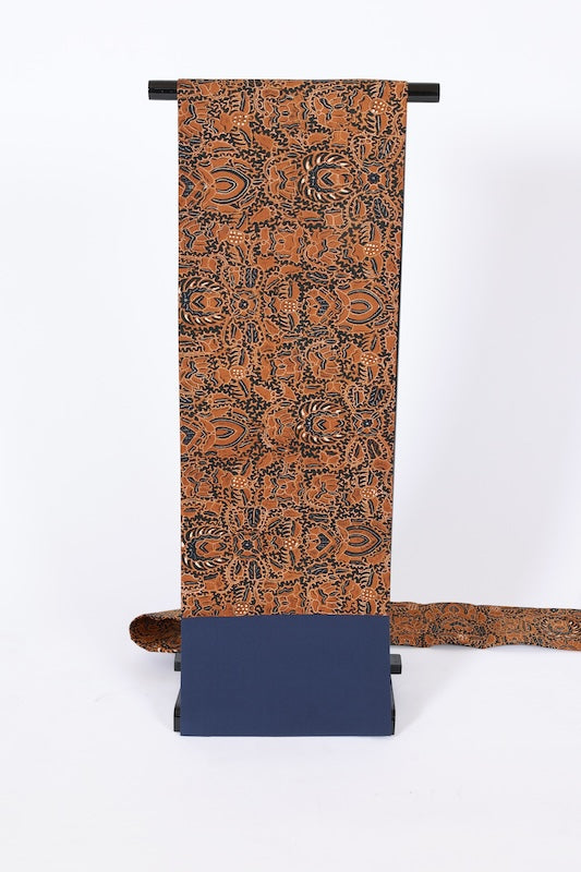 Nagoya obi used(sash), Shioze silk, shades of indigo and brown, bird and floral pattern, stencil dyed, hand-painted, L119