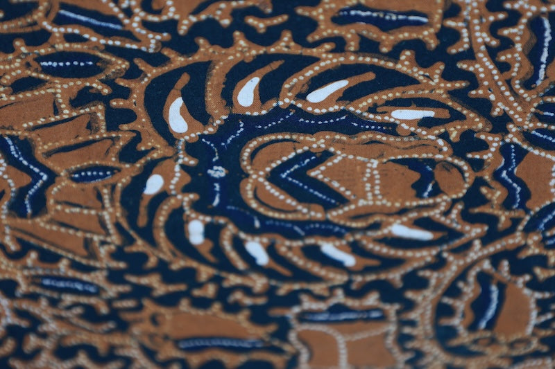 Nagoya obi used(sash), Shioze silk, shades of indigo and brown, bird and floral pattern, stencil dyed, hand-painted, L119