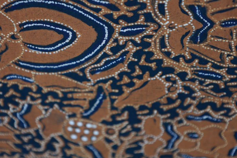 Nagoya obi used(sash), Shioze silk, shades of indigo and brown, bird and floral pattern, stencil dyed, hand-painted, L119
