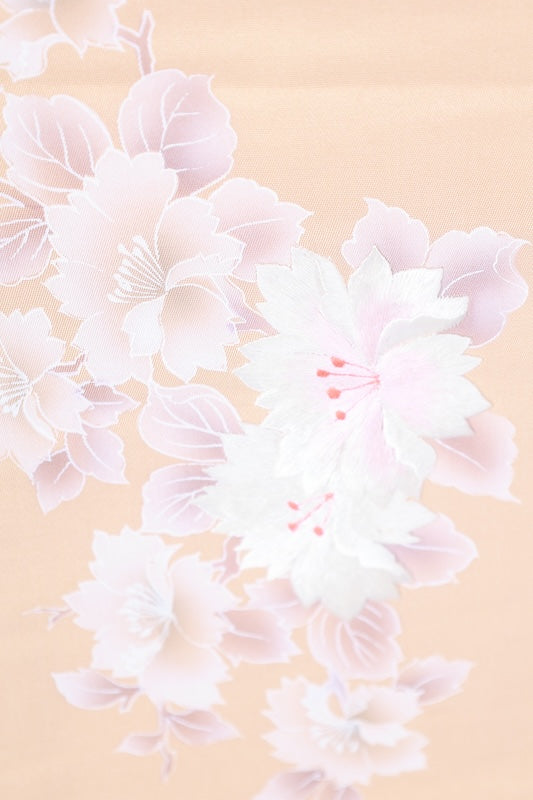Nagoya obi used (sash) - Beige, cherry blossom pink, white, floral embroidery - L91