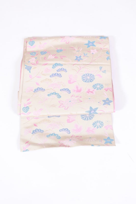 Nagoya obi used(sash), Hakata weave, light beige, blue, shades of pink, beige, floral pattern, Kenjo design, L118