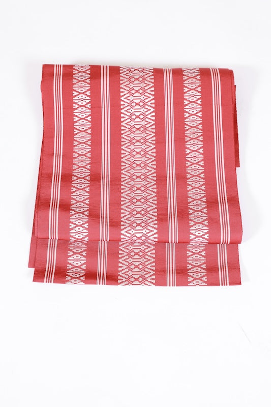 Nagoya obi used (sash), Hakata weave, Kenjo pattern, reddish-brown and white, L101