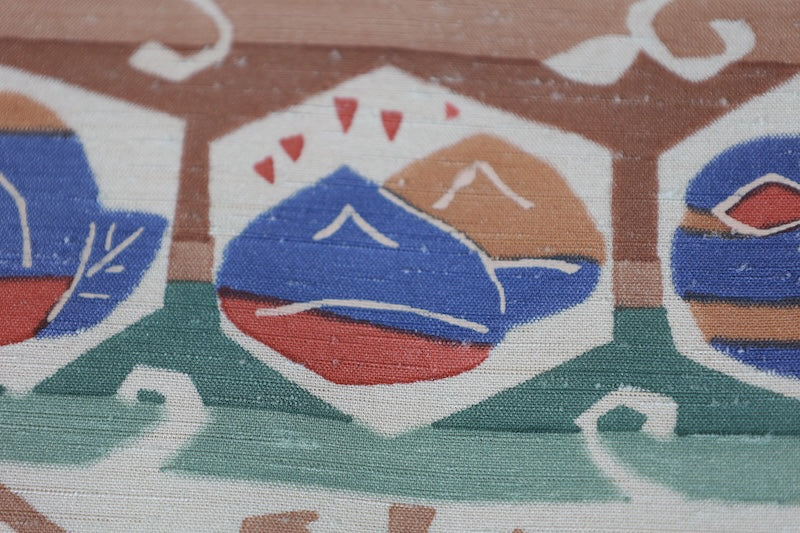 Nagoya obi used (sash), Tsumugi silk, peppermint, indigo, shades of brown, hand-painted abstract pattern, L117