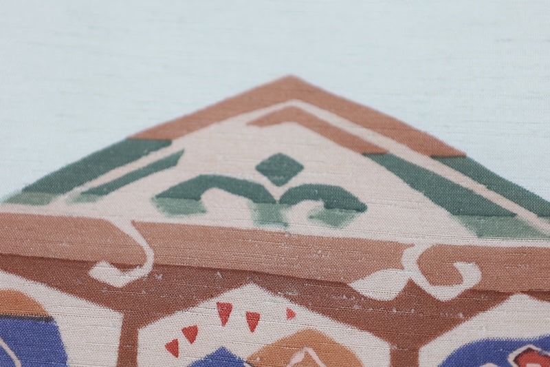 Nagoya obi used (sash), Tsumugi silk, peppermint, indigo, shades of brown, hand-painted abstract pattern, L117