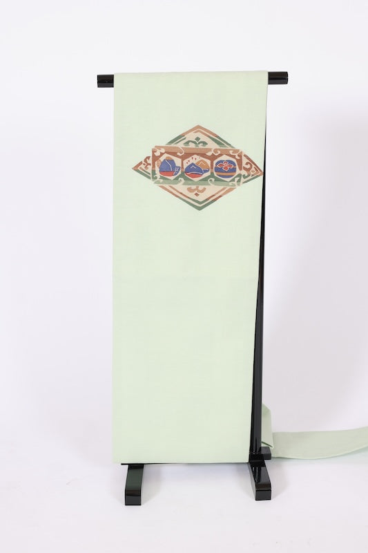 Nagoya obi used (sash), Tsumugi silk, peppermint, indigo, shades of brown, hand-painted abstract pattern, L117