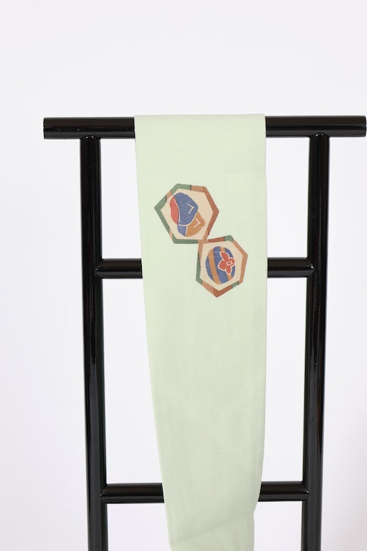 Nagoya obi used (sash), Tsumugi silk, peppermint, indigo, shades of brown, hand-painted abstract pattern, L117