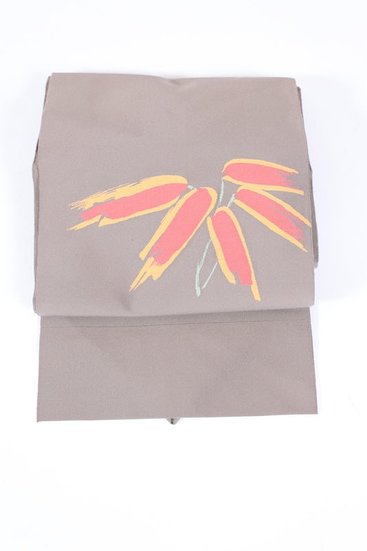 Tsumekaki Honzure Nagoya Obi used (woven obi sash) - Birch brown, mustard yellow, red, blue-gray, bamboo grass pattern - L98