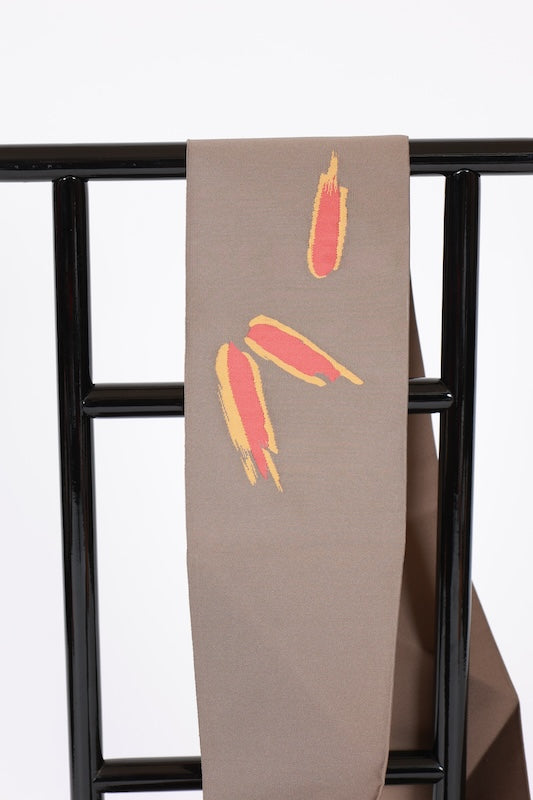 Tsumekaki Honzure Nagoya Obi used (woven obi sash) - Birch brown, mustard yellow, red, blue-gray, bamboo grass pattern - L98