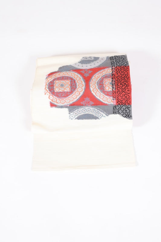 Nagoya obi used (sash), Tsumugi silk, white, red, gray, orange, mirror pattern, geometric pattern, handwoven, L99
