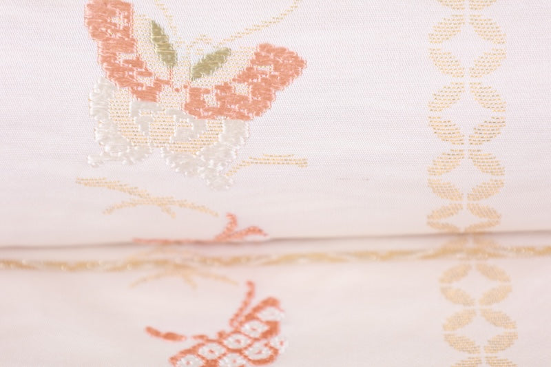Nagoya obi used (sash) - Beige, Blue, Green, Gray, Off-white, Gold, Butterfly, Flower, Karaori weave, L95
