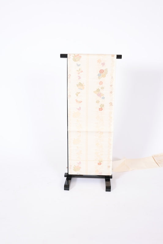 Nagoya obi used (sash) - Beige, Blue, Green, Gray, Off-white, Gold, Butterfly, Flower, Karaori weave, L95