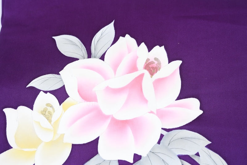 Nagoya obi used (sash), Shioze silk, deep purple, yellow, white, gray, gold, hand-painted rose design, floral pattern, L122