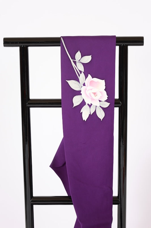 Nagoya obi used (sash), Shioze silk, deep purple, yellow, white, gray, gold, hand-painted rose design, floral pattern, L122