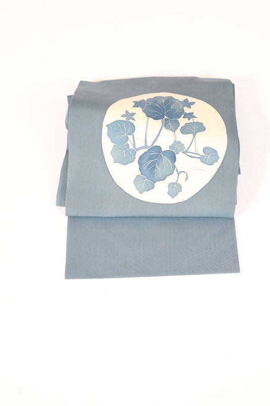 Nagoya obi used (sash), Shioze silk, shades of indigo, white, clematis pattern, hand-painted, L96