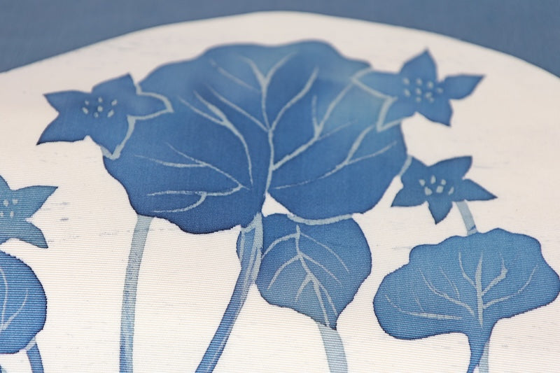 Nagoya obi used (sash), Shioze silk, shades of indigo, white, clematis pattern, hand-painted, L96