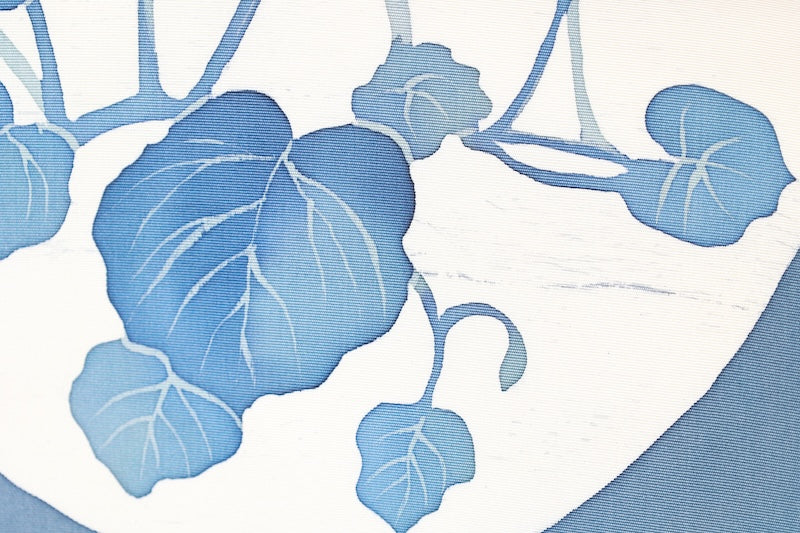Nagoya obi used (sash), Shioze silk, shades of indigo, white, clematis pattern, hand-painted, L96