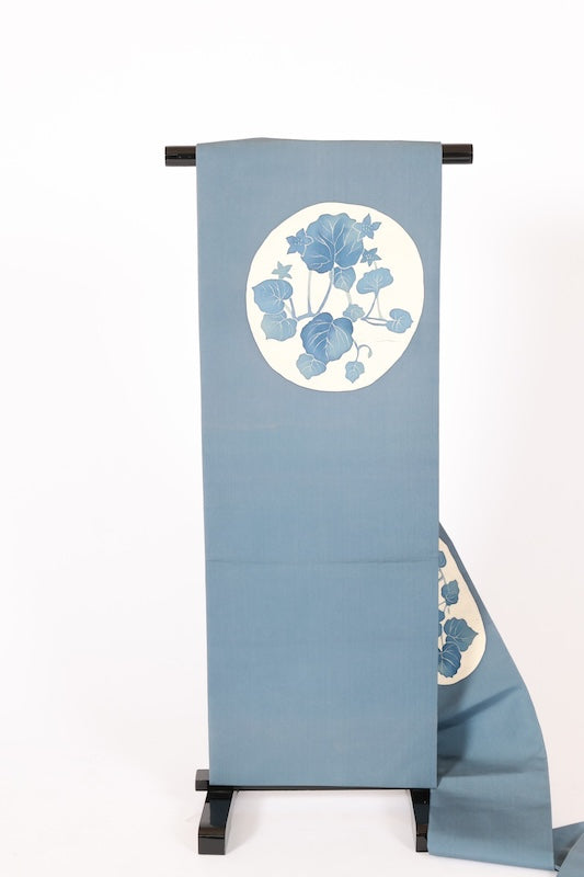 Nagoya obi used (sash), Shioze silk, shades of indigo, white, clematis pattern, hand-painted, L96