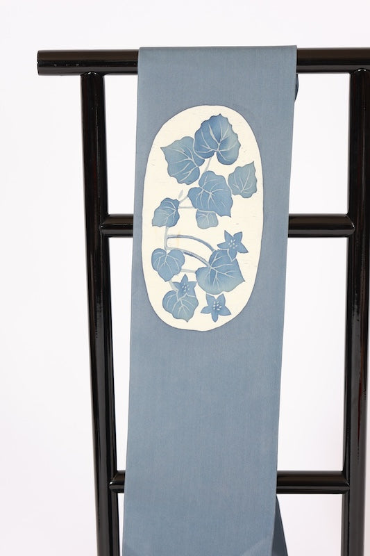 Nagoya obi used (sash), Shioze silk, shades of indigo, white, clematis pattern, hand-painted, L96