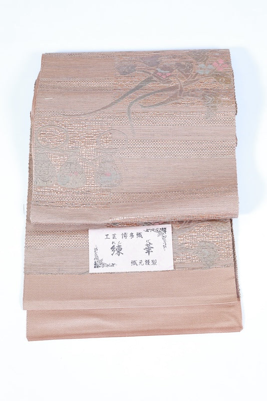 Nagoyaobi new Hakata mon'ori cha nōtan gurīn ebicha hana yoko dan L 103 40 New, unstitched Nagoya obi (sash), Hakata pattern weave, shades of brown, green, and reddish-brown, floral pattern, horizontal stripes, L103