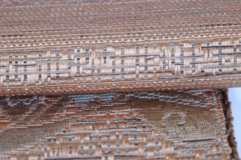 Nagoyaobi new Hakata mon'ori cha nōtan gurīn ebicha hana yoko dan L 103 40 New, unstitched Nagoya obi (sash), Hakata pattern weave, shades of brown, green, and reddish-brown, floral pattern, horizontal stripes, L103