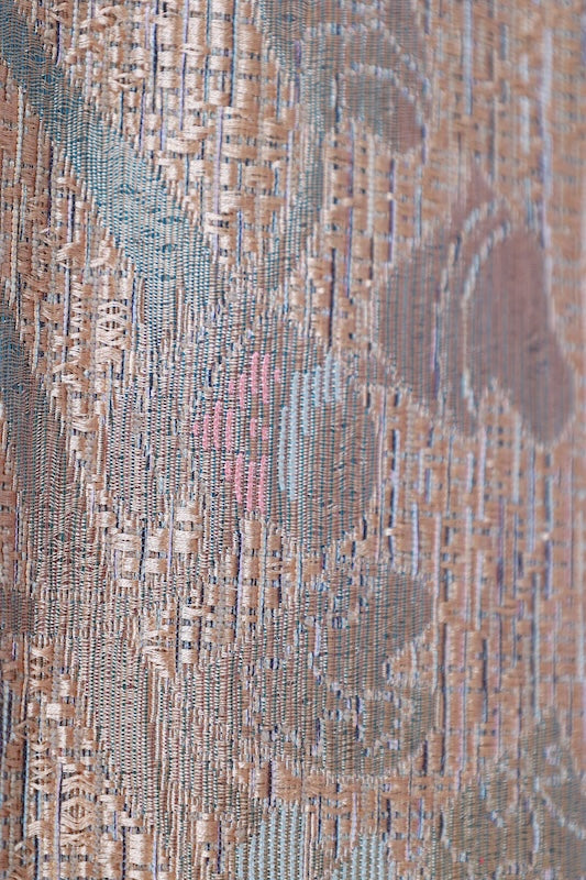 Nagoyaobi new Hakata mon'ori cha nōtan gurīn ebicha hana yoko dan L 103 40 New, unstitched Nagoya obi (sash), Hakata pattern weave, shades of brown, green, and reddish-brown, floral pattern, horizontal stripes, L103