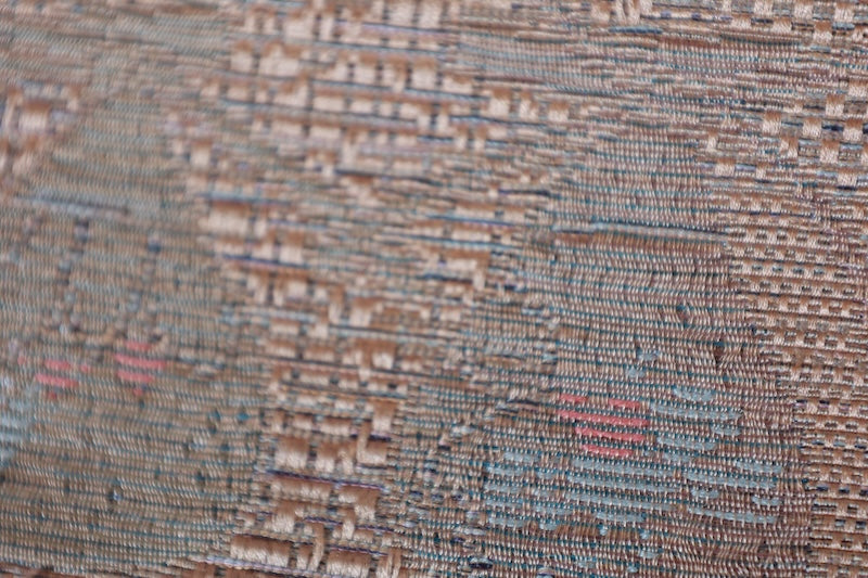 Nagoyaobi new Hakata mon'ori cha nōtan gurīn ebicha hana yoko dan L 103 40 New, unstitched Nagoya obi (sash), Hakata pattern weave, shades of brown, green, and reddish-brown, floral pattern, horizontal stripes, L103