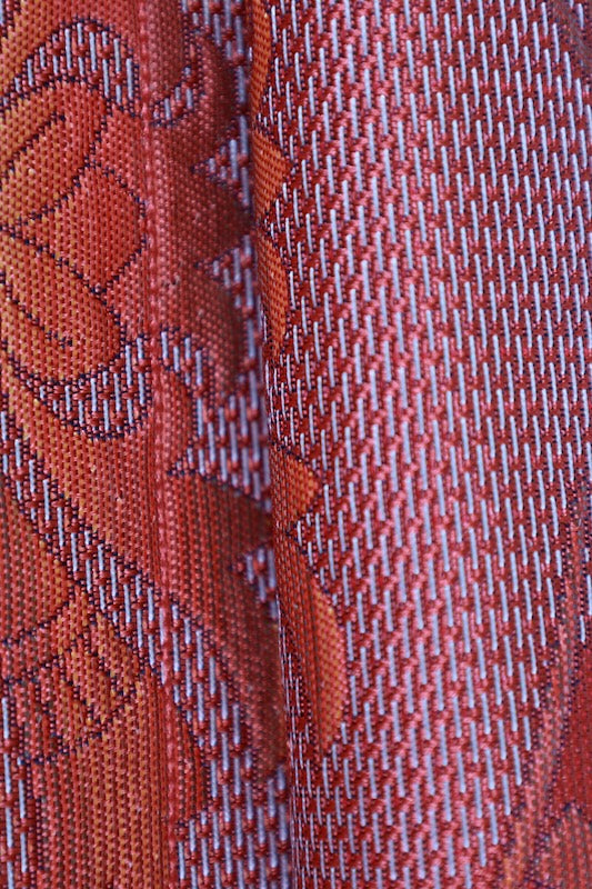 Nagoya obi (sash), brand new, unstitched, Hakata patterned weave, persimmon color, white, floral pattern, L106