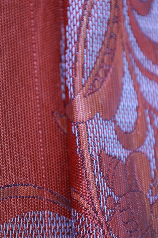 Nagoya obi (sash), brand new, unstitched, Hakata patterned weave, persimmon color, white, floral pattern, L106