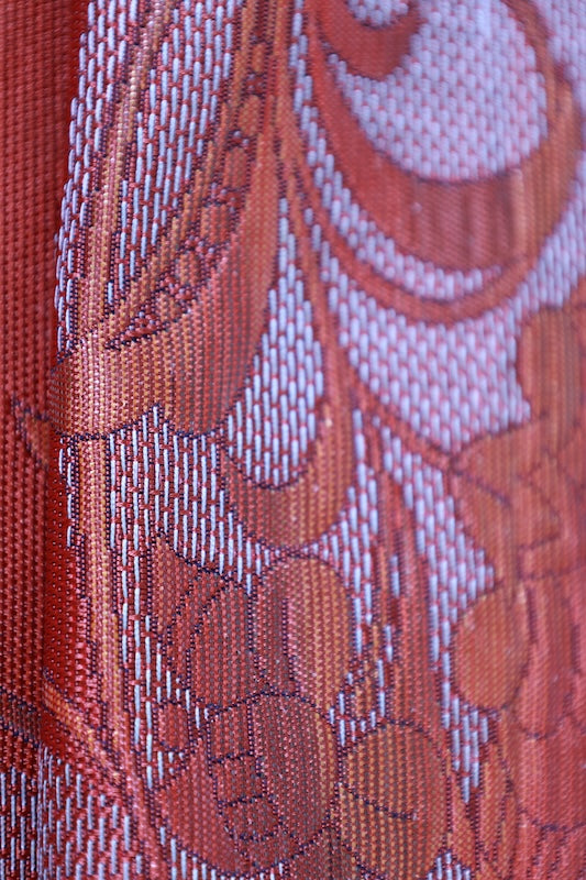 Nagoya obi (sash), brand new, unstitched, Hakata patterned weave, persimmon color, white, floral pattern, L106