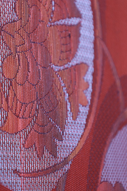Nagoya obi (sash), brand new, unstitched, Hakata patterned weave, persimmon color, white, floral pattern, L106